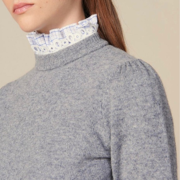 Sandro turtleneck ruffled collar gray pullover sweater